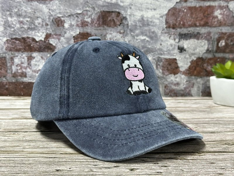 Hepandy Cute Cow Themed Gifts for Girls, Navy Blue Embroidered Hat for Boys, Adjustable Cotton Soft Baseball Cap for Child Kids