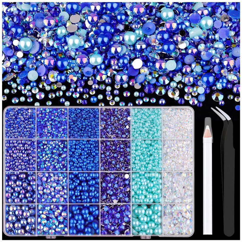 14000PCS Flatback Pearls and Blue Rhinestones for Bedazzling Kit, Dark Blue Mixed Size 3-10mm Resin Rhinestones Gems and Half Pearls for Crafting, Nail Art Crafts Decoration