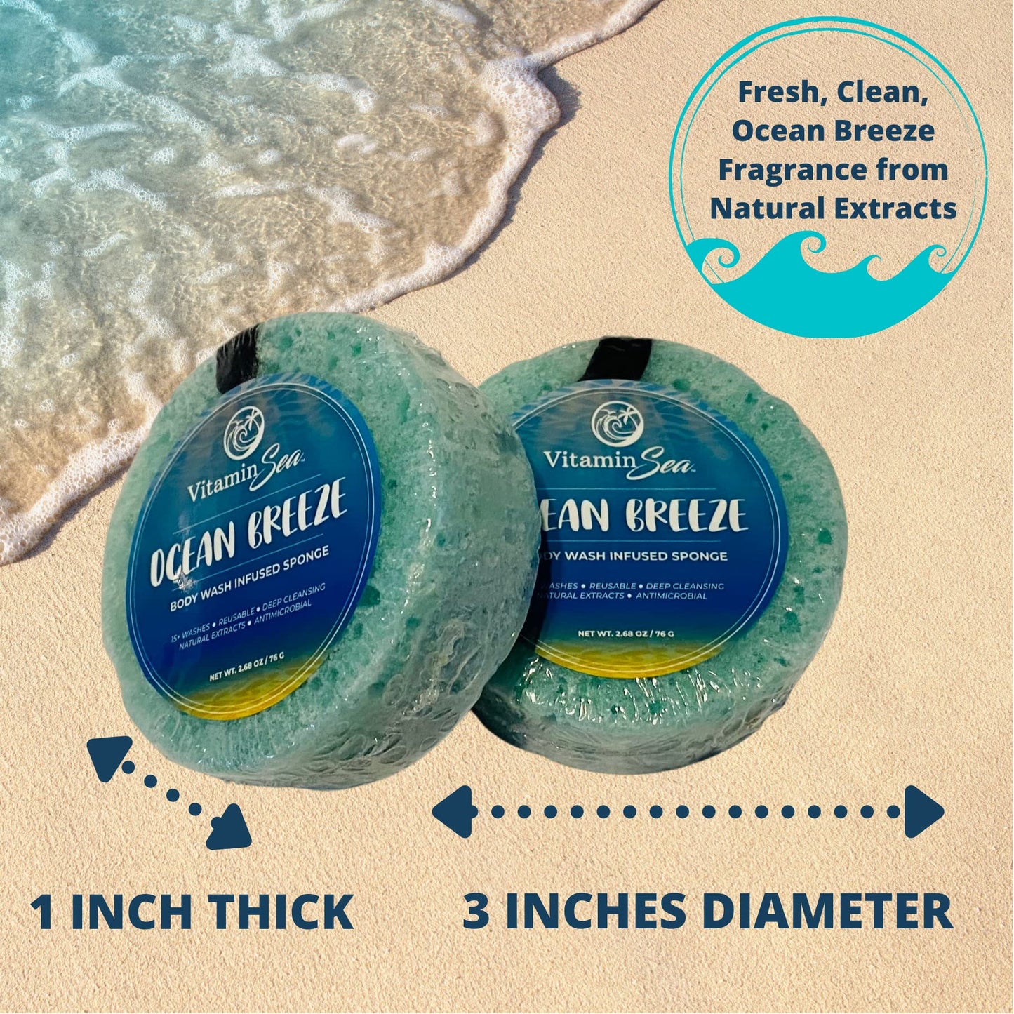 Travel Size Body Wash Women Shower Sponges (2 Pack) | 30 + Washes Travel Loofah with Case | Travel Body Wash Women Shower Sponge Soap w/Natural Extracts | Travel Soap Sponge Body Wash (Ocean Breeze)