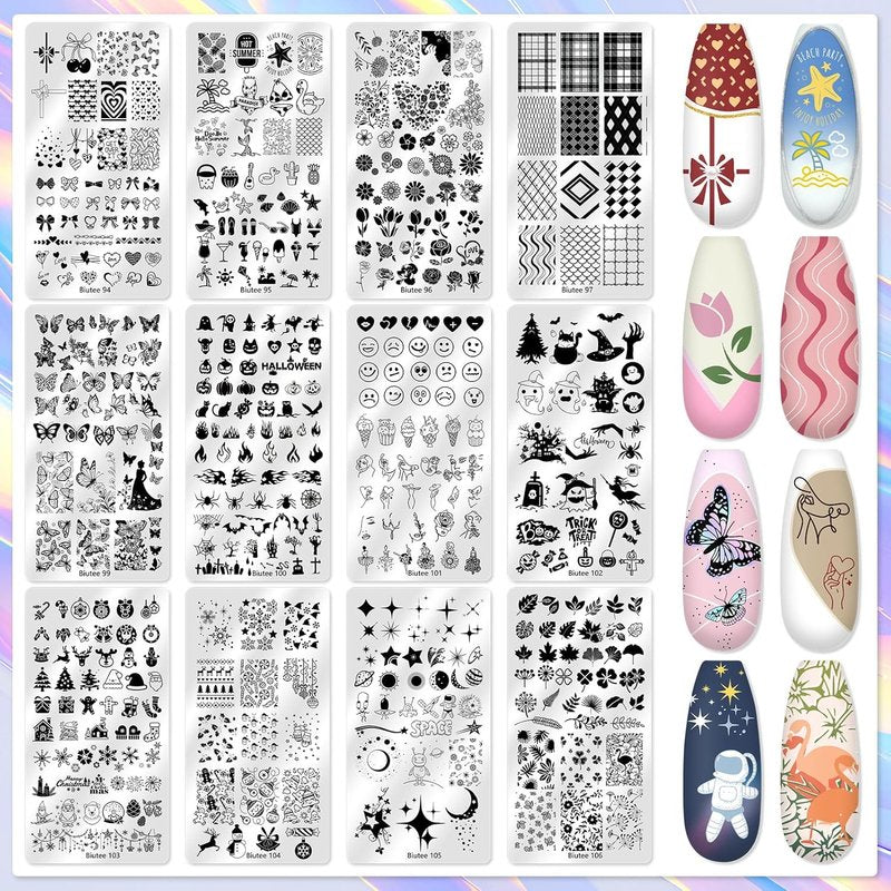 Biutee Nail Stamping Kit - 16 Pcs Nail Art Plates with Silicone Stamper & Scraper | Holiday Designs