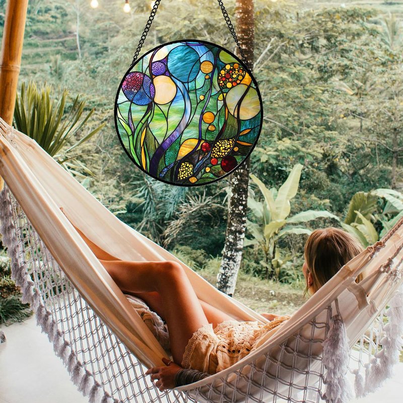 QZQCBLC Stained Glass Window Hanging Blue Ocean Water Plants Flower 7.8" - Suncatcher Door Garden Sun Catcher Home Decor Birthday Christmas for Mom Men Woman Nana Friend