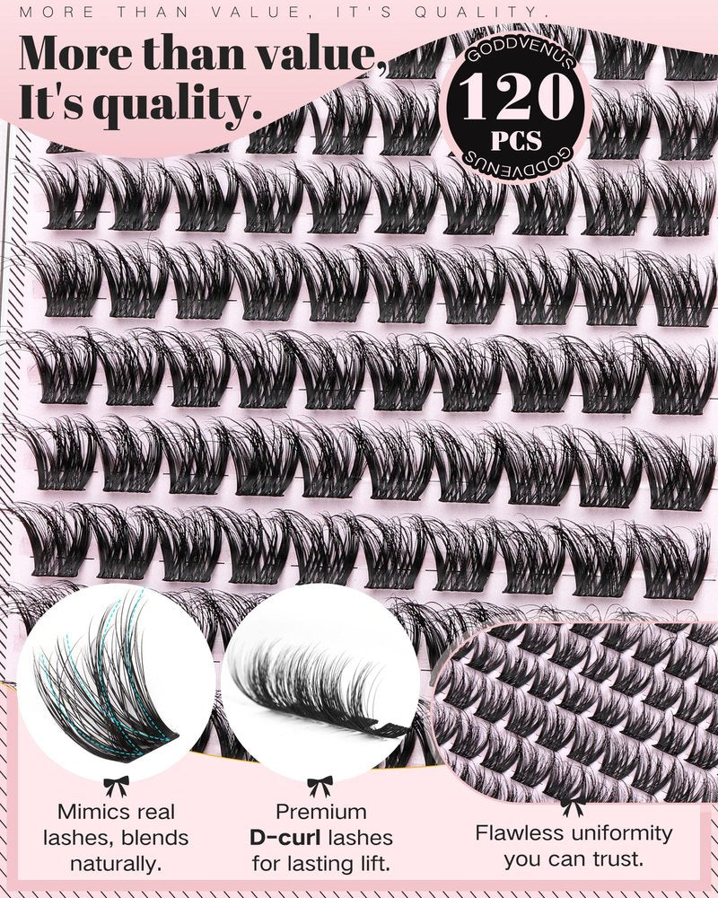 Goddvenus Fluffy Eye Lash Clusters Wispy Eyelash Clusters, D Curl Cluster Eyelash Extensions Natural Individual Lashes 120pcs, 10-16mm False Eyelashes for DIY Lash Extensions