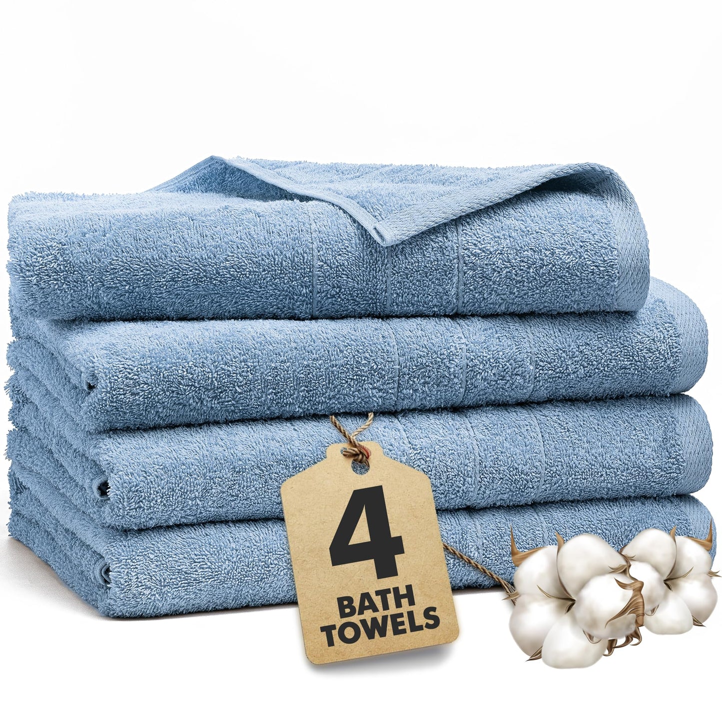 Novo Home Bath Towels Set of 4 – 100% Cotton Sky Blue Extra Large Towels for Bathroom, Spa Use (55x28 in) – Super Soft and Quick Dry Large Bath Sheets for Adults