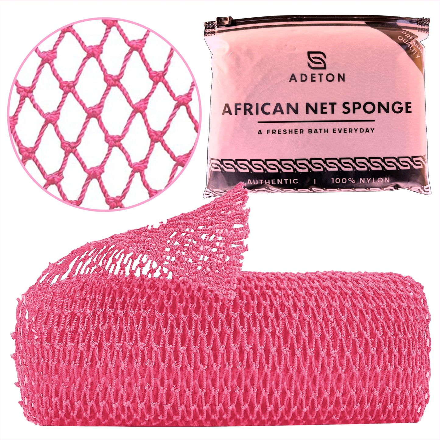 African Net Sponge Authentic, Exfoliating Bath Net Cloth, Real Knotted African Wash Net, Black Owned Sapo Afro Body Scrubber, Shower Essential Body Exfoliator, Large Deluxe Version (Pink Large)