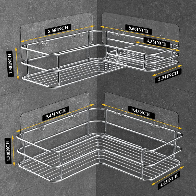 Nieifi Corner Shower Caddy with Built-In Soap Holder with Hooks, Shower Organizer Shelf Rack Basket Storage, Rust Proof Stainless Steel Bathroom Shelves Drill Free 2 Pack For 90-Degree Corner Only