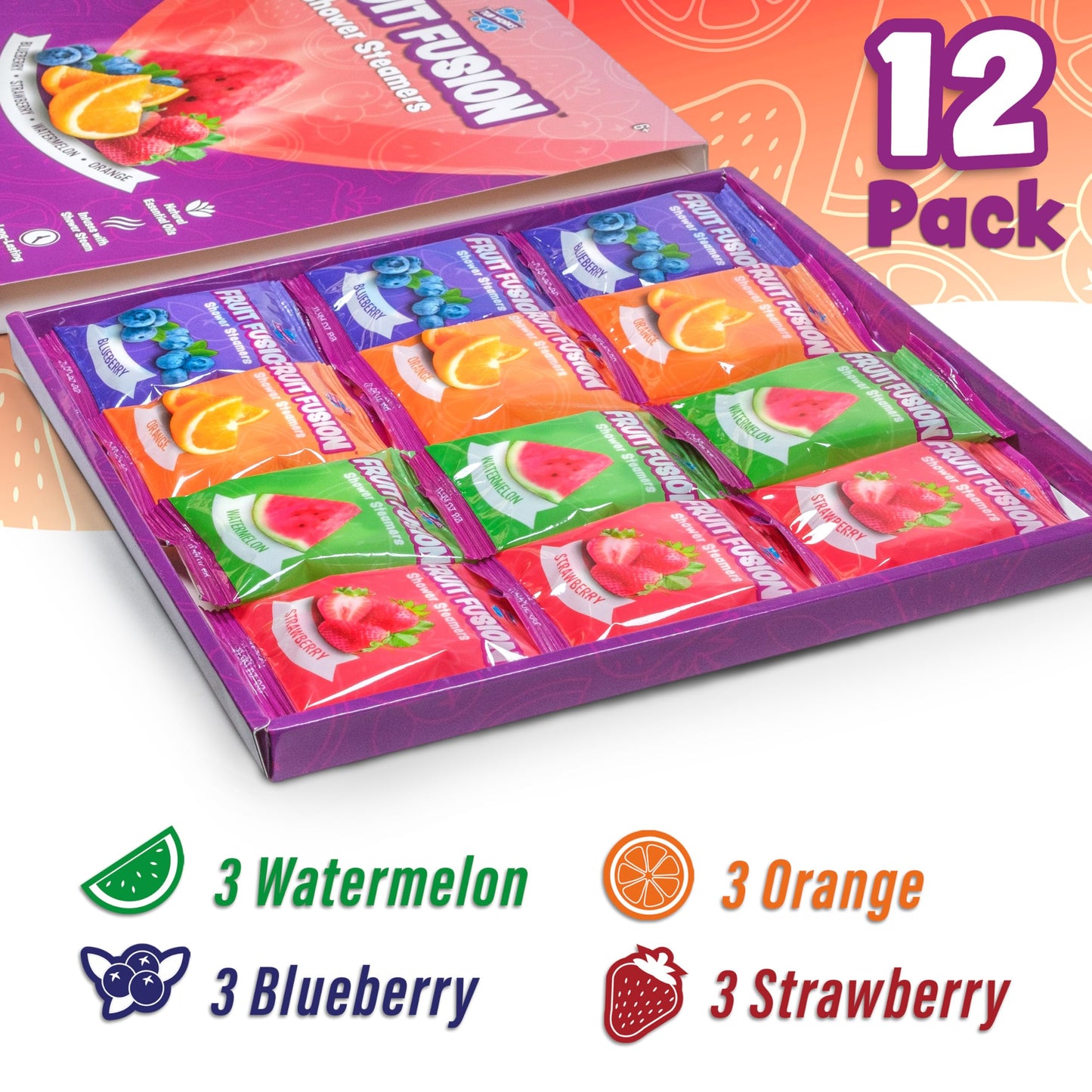 Tub Works® Fruit Fusion™ Shower Steamers for Kids, Variety 12 Pack | Fresh & Fruity Shower Steamers Aromatherapy | Fun Shower Bombs | Alternative to Kids Bath Bombs for a Sensory Shower Experience