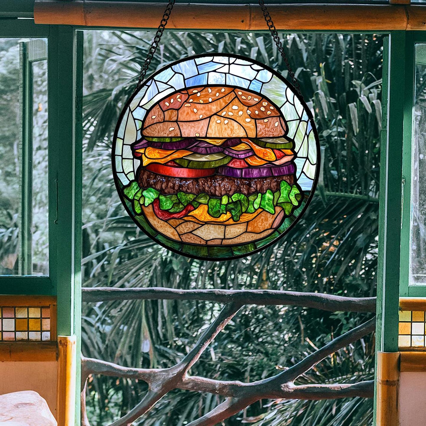 QZQCBLC Stained Glass Window Hanging Beef Burger 6.3" - Suncatcher Door Garden Kitchen Sun Catcher Decor Birthday Christmas for Mom Woman Nana Friend Men Kids