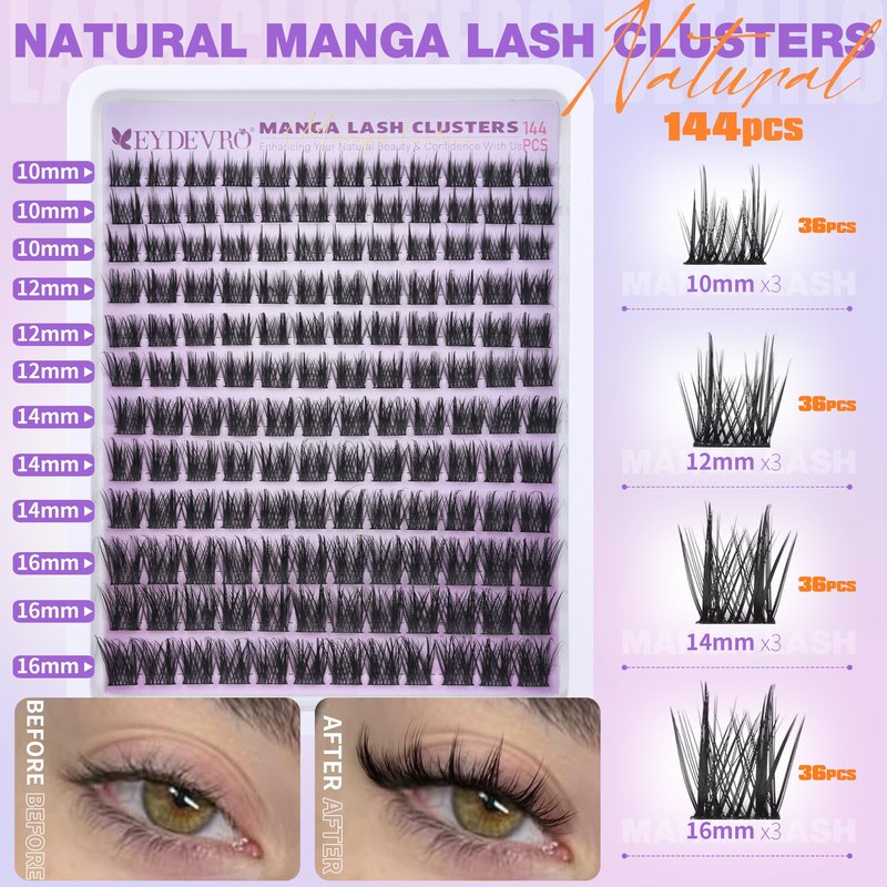 EYDEVRO Wispy Lash Clusters Natural Manga Eyelash Clusters 10-16mm Fairy Cluster Eyelash Extensions CD Curl Cluster Lashes Soft Thin Band Individual Lashes DIY Lash Extensions at Home