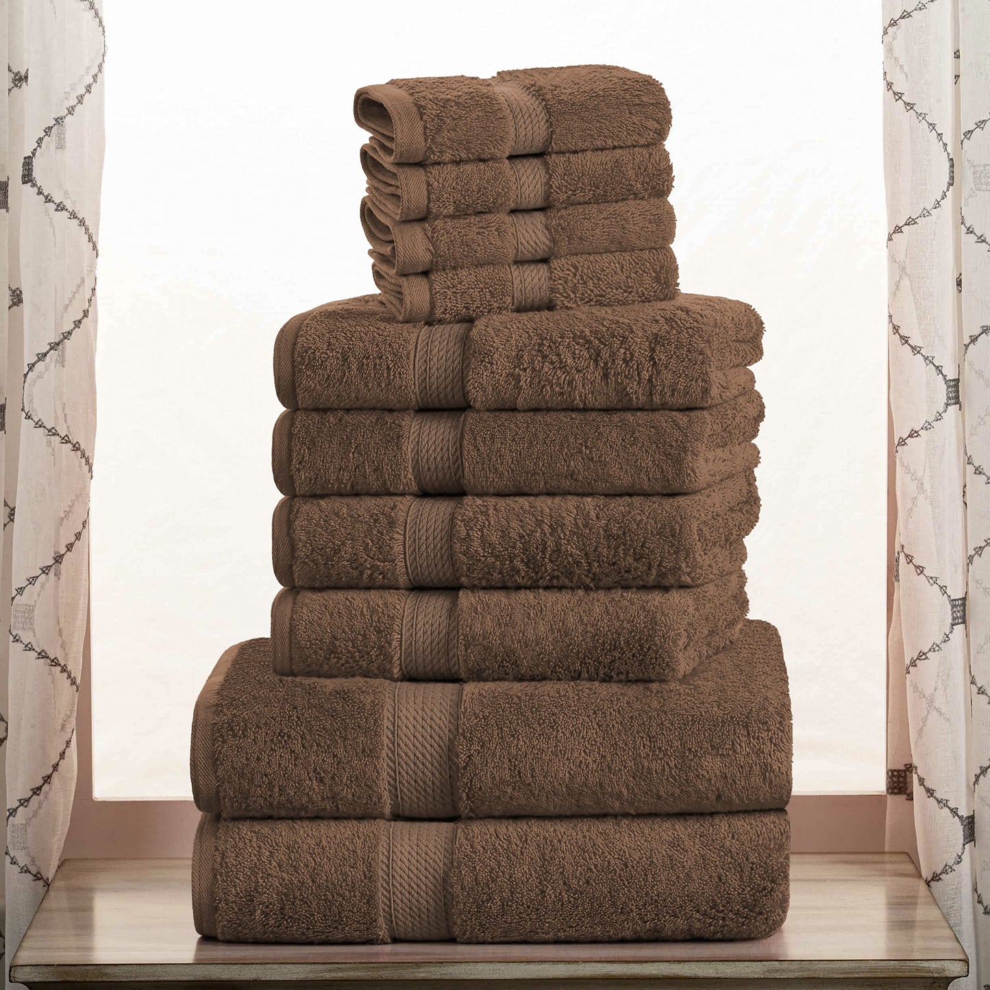 Superior Egyptian Cotton Pile 10 Piece Towel Set, Includes 2 Bath, 4 Hand, 4 Face Towels/ Washcloths, Ultra Soft Luxury Towels, Thick Plush Essentials, Guest Bath, Spa, Hotel Bathroom, Chocolate