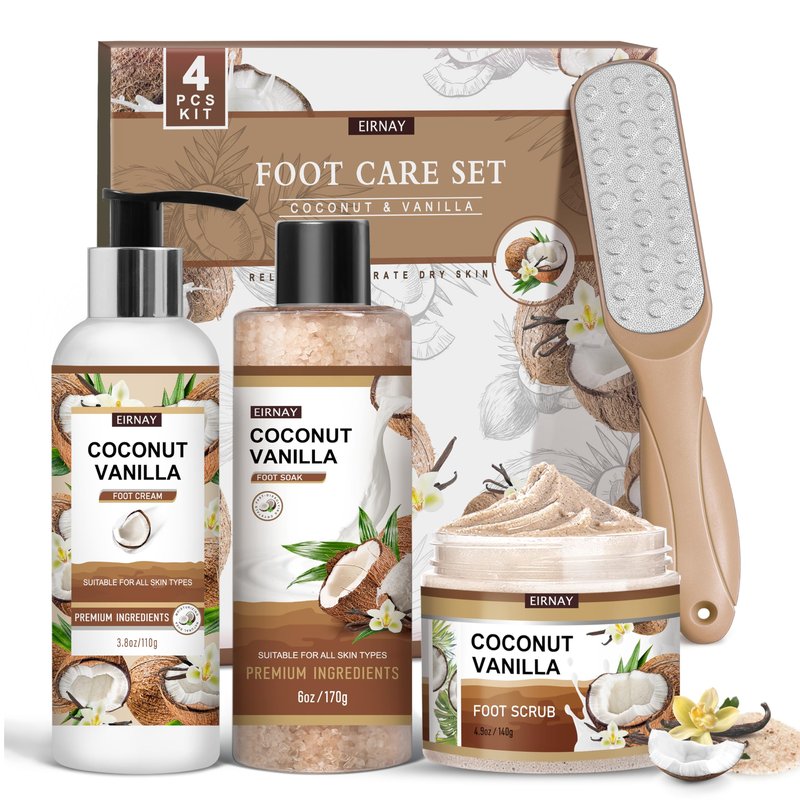 EIRNAY Coconut & Vanilla Foot Soak Set - Salts, Foot File, Scrub & Urea Cream Pedicure Supplies for Dry, Cracked Feet - Foot Spa Pedicure Kit for Women Men