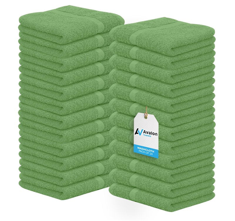 Avalon Towels Cotton Washcloths 24-Pack – 12 x 12 Inch Sage Green Super Soft & Absorbent Ring-Spun Cotton Wash Cloths for Face, Bath, Spa, Gym, Hotel & Cleaning