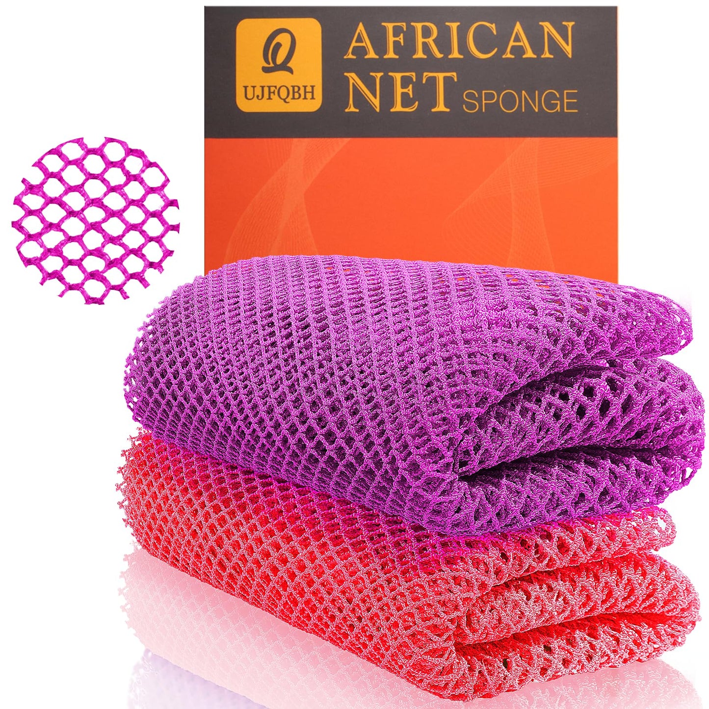UJFQBH Authentic African Net Sponge - 2 Pcs Natural Exfoliating Net Scrubber, Gentle for Sensitive Skin, Deep Clean Body, Back & Legs, Fast Drying & Odor-Free（Rose Red & Purple）
