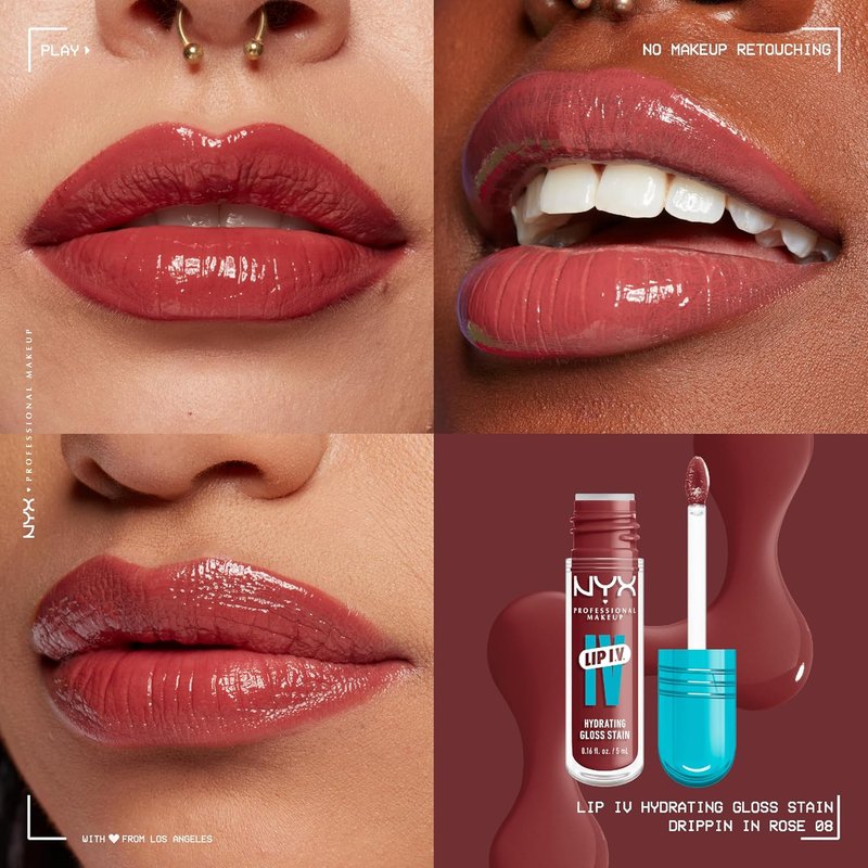 NYX PROFESSIONAL MAKEUP Lip IV Hydrating Glossy Lip Stain - 12HR Hydration in Drippin In Rose (Pink)