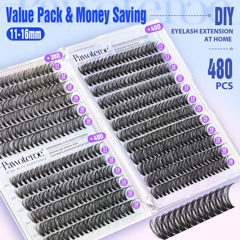 Pawotence Lash Clusters 480pcs Individual Lashes 30D 40D Cluster Eyelash Extensions Eyelash Clusters Lash Extensions for Self Application (30D&40D, 0.07D, 11-16mm Valuable Pack)