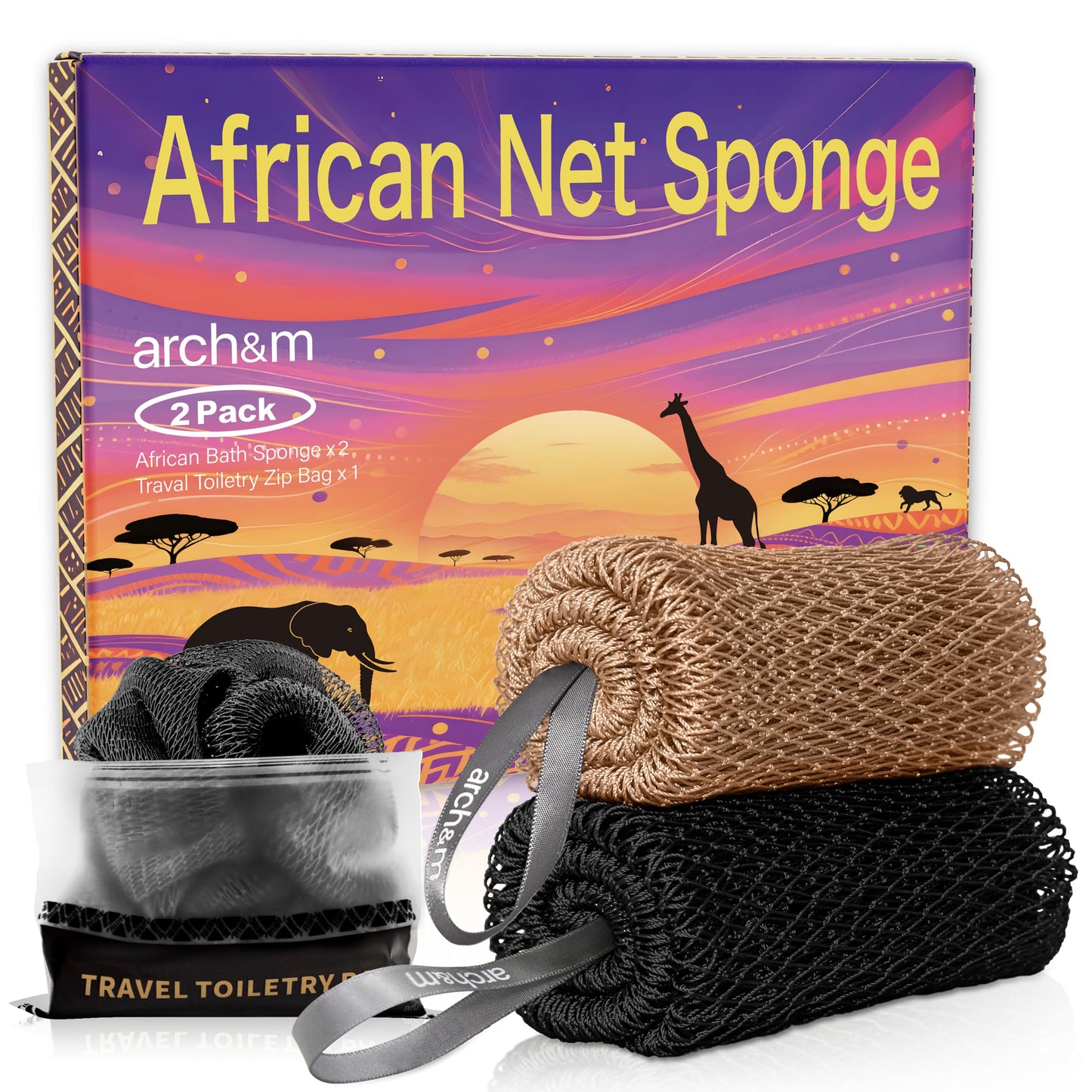 ARCH&M Authentic African Net Sponge with Knots 53", 2 Pack