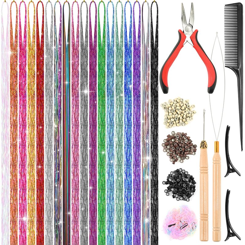 Leuceiy 18 Colors Hair Tinsel Kit, 48 Inch Hair Extensions With Tool, 5400 Strands Sparkling Dazzle Glitter Shiny Fairy Hair Heat Resistant for Girls Women Christmas New Year Festival Party