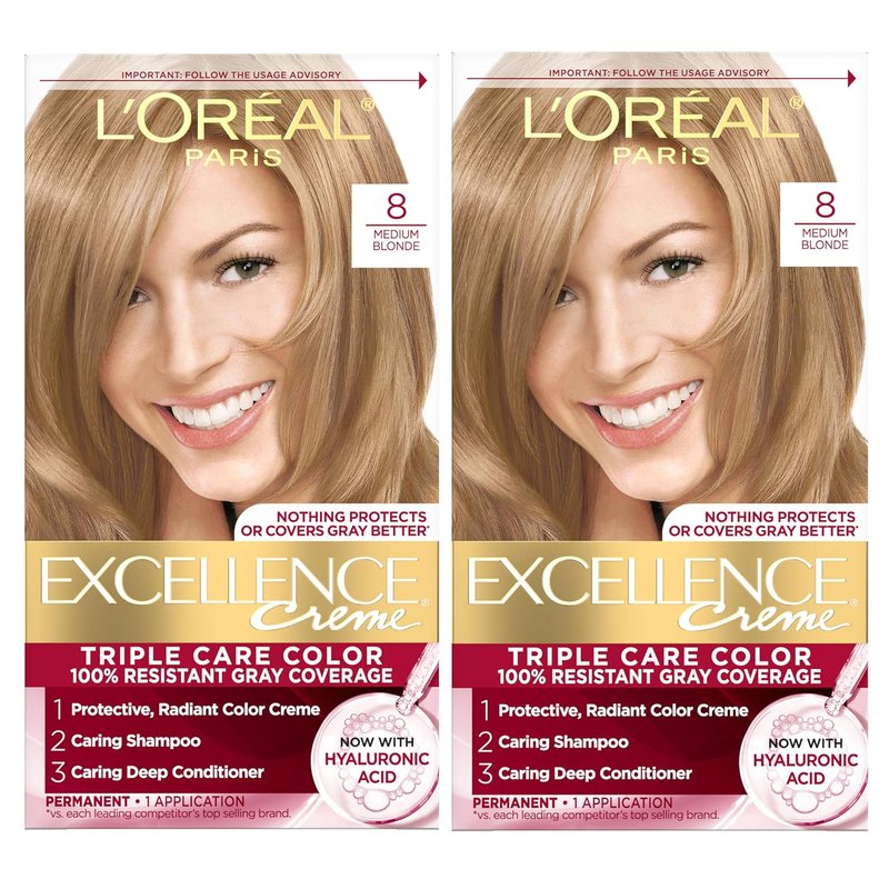 L'Oreal Paris Excellence Crème Hair Dye - Triple Care Formula for 100% Gray Coverage | 8 Medium Blonde, 2 Kits