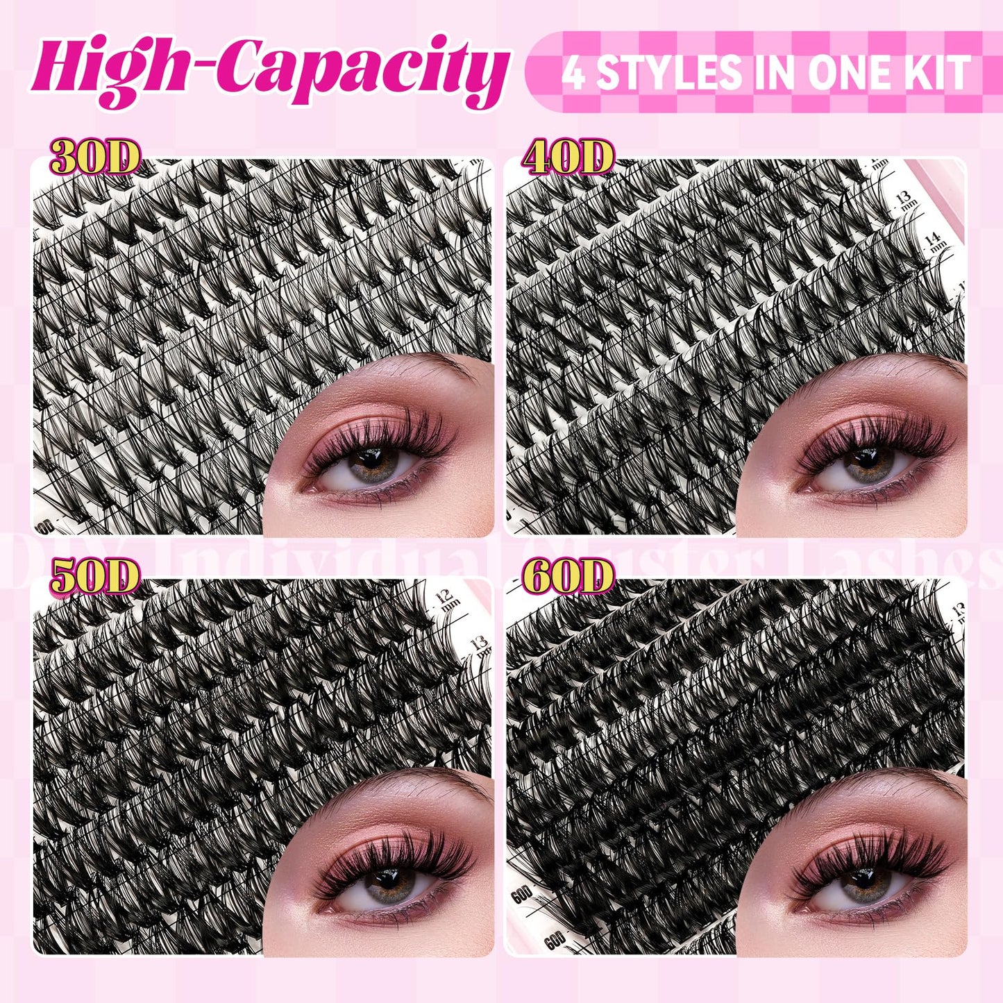WLFRHD Lash Clusters Kit 640Pcs Eyelash Clusters Kit D Curl Wispy Cluster Lashes Kit 30D+40D+50D+60D Lashes Clusters Kit With Bond and Seal Remover Tweezers Brush 9-16mm for DIY Home