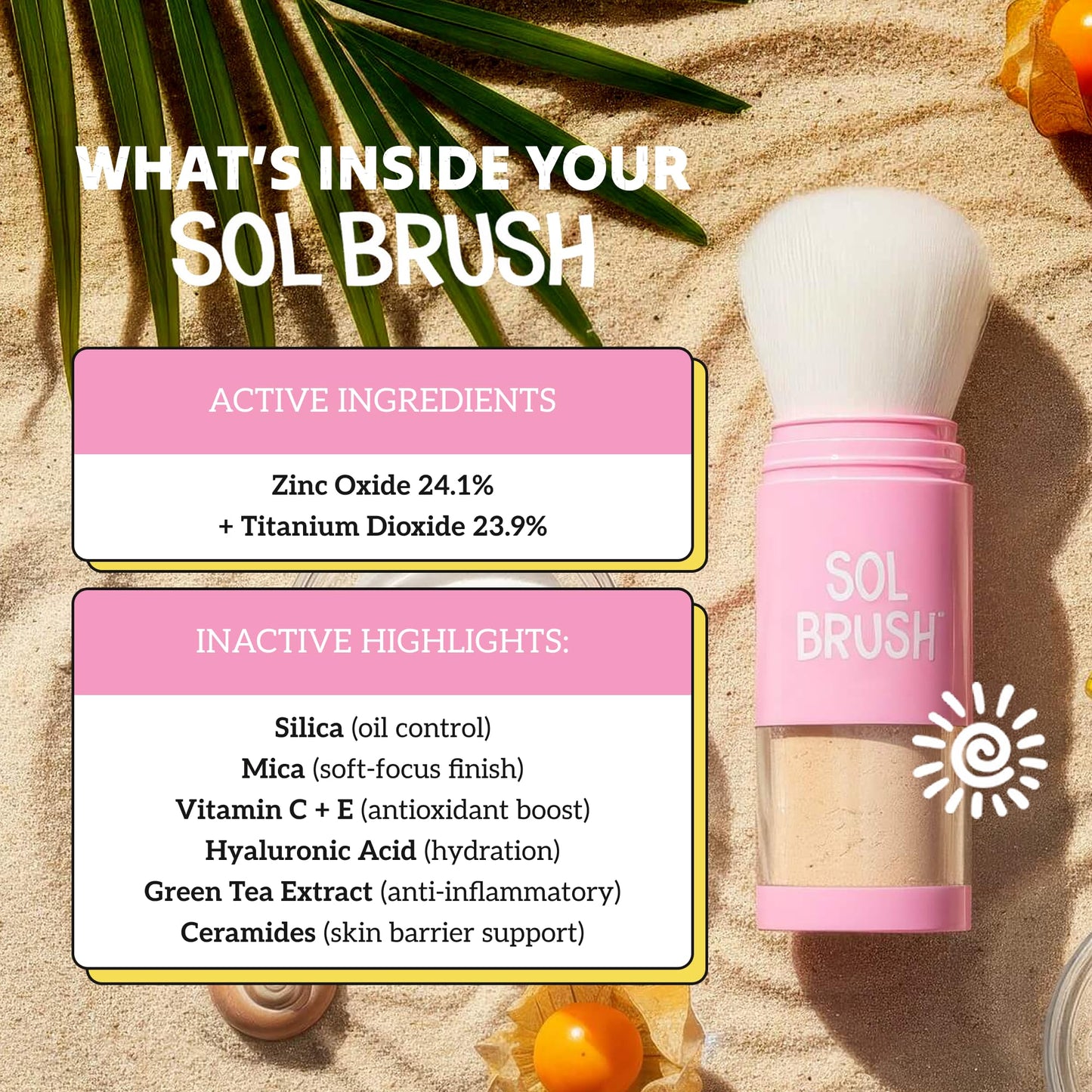 Sol Brush SPF 50 Mineral Sunscreen Powder, Broad Spectrum UVA/UVB Protection Sunscreen, Mess Free Brush On Applicator, Clean & Cruelty Free, Water Resistant (80 Minutes), Pink, Fair