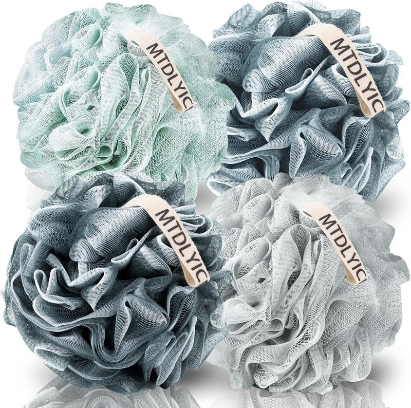 MTDLYICE Loofah Sponge - XXL Large Soft Mesh Bath Pouf | 100g 4 Pack for Men - Blue Gray Body Scrub