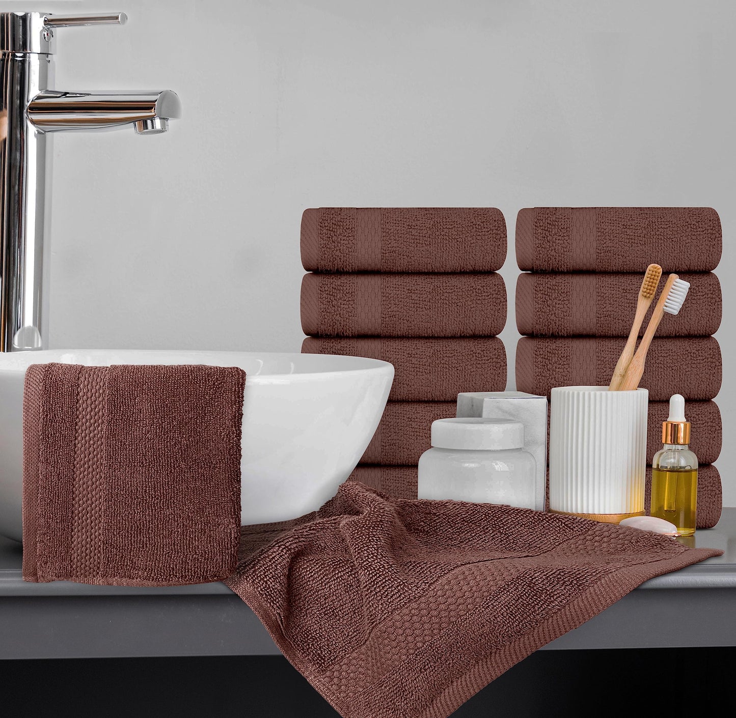 White Classic Luxury Cotton Washcloths 13x13 Inch - 650 GSM Turkish Cotton | Hotel, Spa, Bathroom Face Towel | 12 Pack, Brown