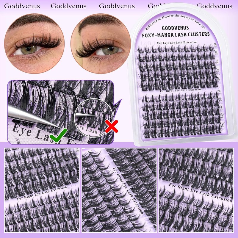 Goddvenus Manga Lash Cluster Kit Wispy Lashes Clusters Fluffy Eyelash Clusters Upturned Foxy Cluster Eyelash Extensions Kit D Curl Fairy Eyelash Extension Kit 10-16mm Individual Lashes Kit
