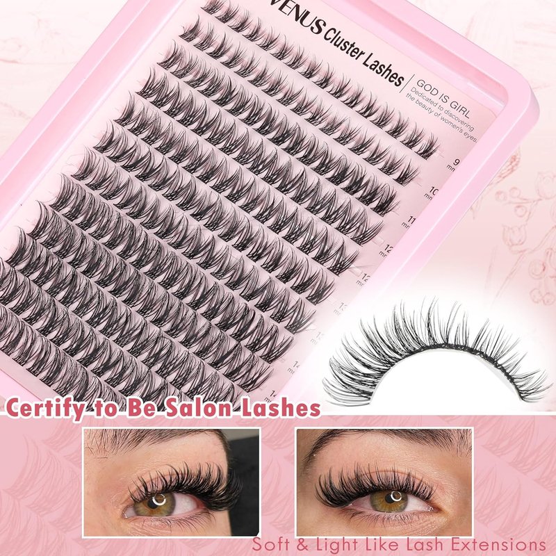 Goddvenus Lash Clusters Kit - DIY Wispy Eyelash Extensions with Waterproof Glue & Tweezers | 192pcs D Curl