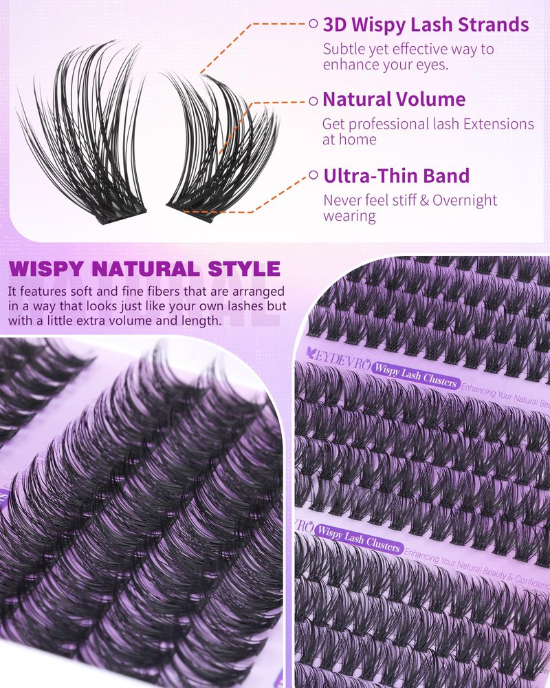 EYDEVRO Wispy Lash Clusters Natural Eyelash Clusters 12mm-14mm-16mm Cluster Eyelash Extensions pestañas postizas naturales CD Curl 192 Pcs Manga Lash Clusters Salon-quality DIY Lash Extensions