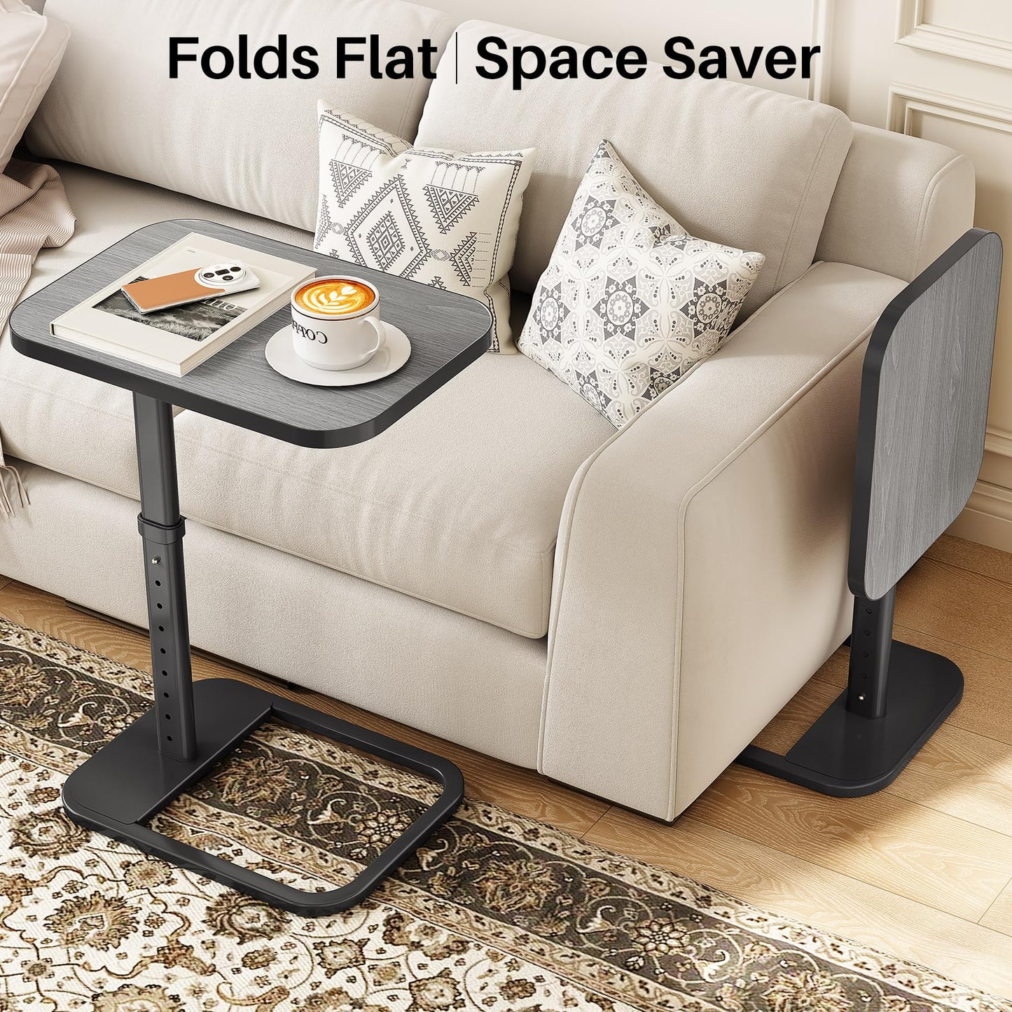 Kitstorack Upgraded TV Tray Table with Panel Lock, 90° Flip-Over Design & Adjustable Height, Sofa Arm Side Table for Eating, Laptop, Couch, Bed, or Small Spaces, Dark Gray