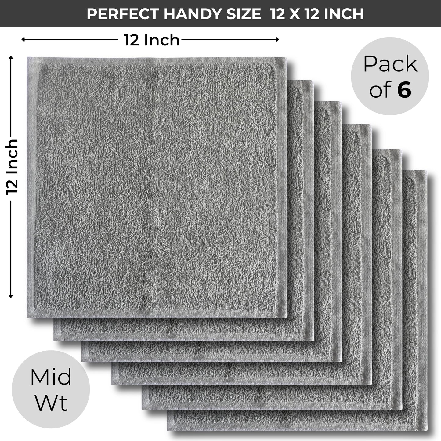 LIVINATI Gray 100% Cotton Wash Cloths for Showering Body and Face - 12"X12" 6 Pack Washcloths - Small Terry Towel Bath Rags for Adults and Kids Bathroom - Soft Absorbent