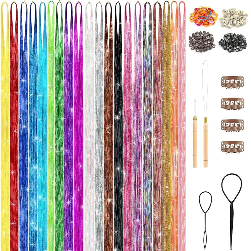GTTUKK Hair Tinsel Kit (48 Inch,20 Colors,6000 strands), Tinsel Hair Extensions with Tools，Heat Resistant Fairy Hair Tinsel Kit for Women Girls Hair Accessories