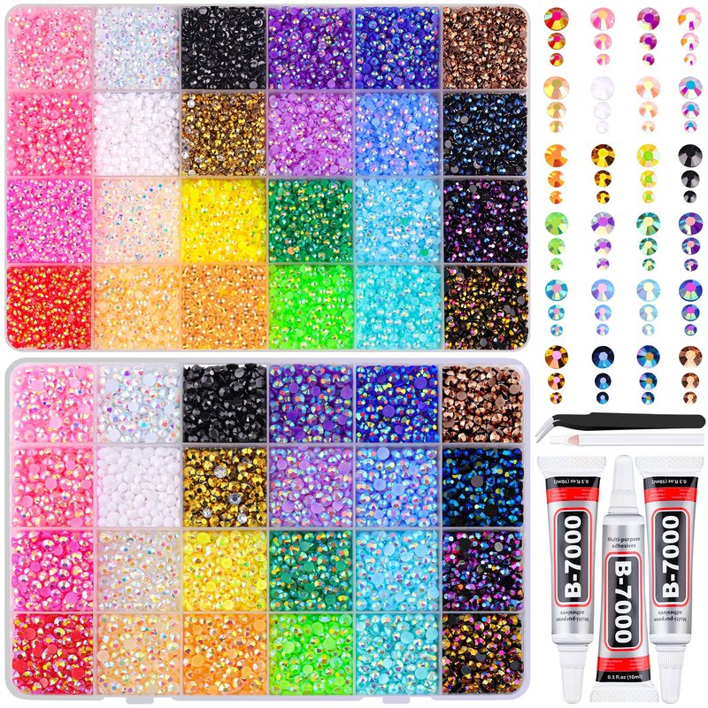 Jelly Rhinestones - 40,000 Pcs Multicolor Flatback Resin Gems for Crafting | DIY Bedazzler Kit with 3 Pcs B7000 Jewelry Glue