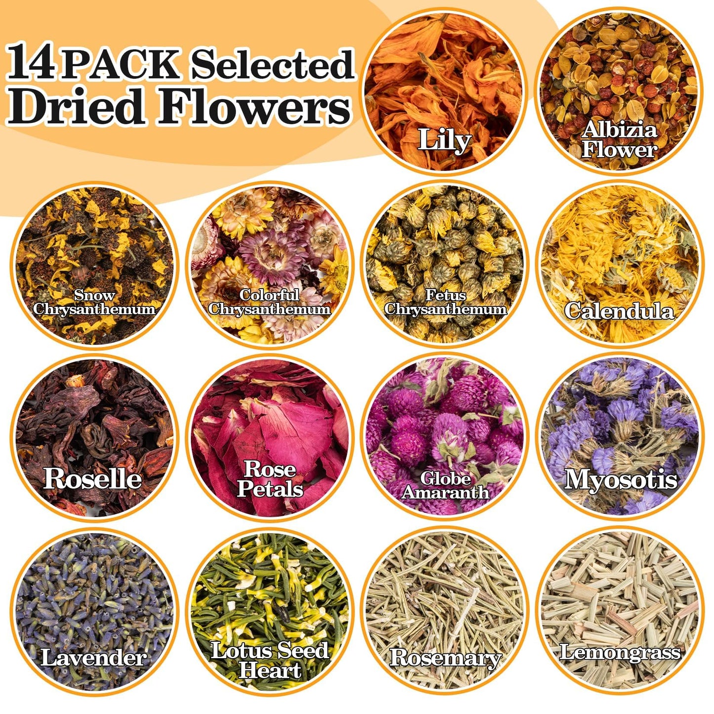 Sukh Dried Herbs Kit - Dried Botanicals Bulk,14 Bags Natural Dry Flowers and Herbs for Soap,Candle,Perfume,Bath Bombs,Resin Jewelry Making Supplies,Fragrance Sachet DIY and Witchcraft