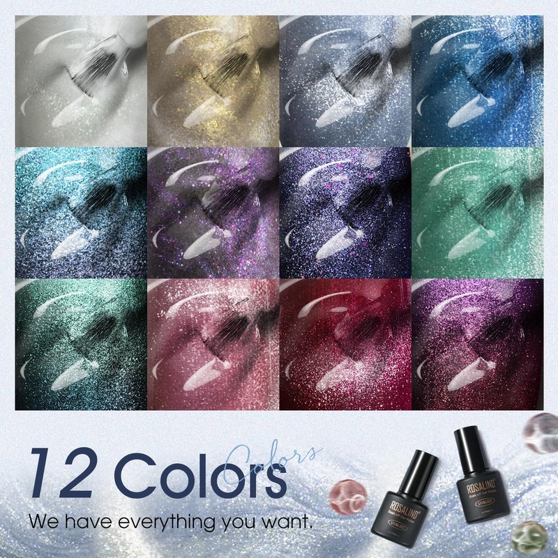ROSALIND Cat Eye Gel Nail Polish with Magnet, 12 PCS Holographic Glitter Purple Blue Red Gel Polish Magnetic and Swirl Shell Thread Effect Sparkle Nail Polish Cateye Gifts for Women