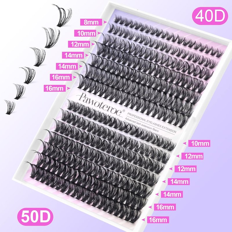 Pawotence Lash Extension Kit - Individual Lash Clusters (40D & 50D) | 8-16mm with Bond, Seal & Tweezers