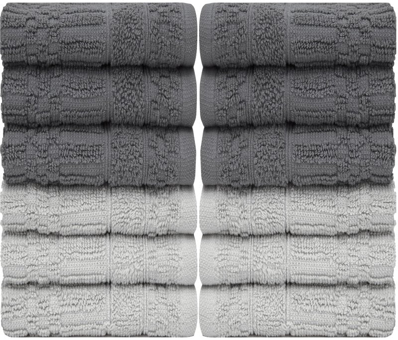 PH Pleasant Home Diagonal Wash Cloths Set - 12 Pack (12” x 12”) – 509 GSM - 100% Ring Spun Cotton Wash Cloth - Super Soft and Highly Absorbent Face Towels (Dark Grey & Light Grey)