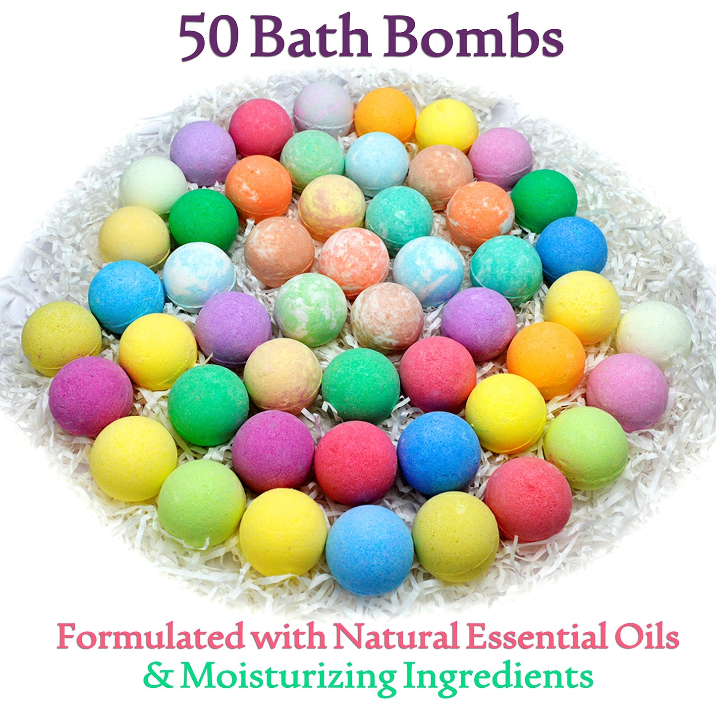 Pure Parker Natural Bath Bombs Bulk 50 Pack with Essential Oils - Moisturizing Gift Set for Women with Shea Butter - Individually Wrapped for Freshness