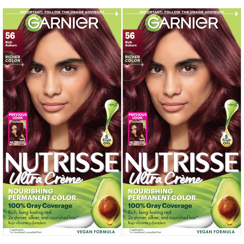 Garnier Nutrisse Ultra Crème Hair Color, Permanent Hair Dye with 100% Gray Coverage, Vegan & Cruelty-Free, 56 Rich Auburn (Sangria), 2 Count