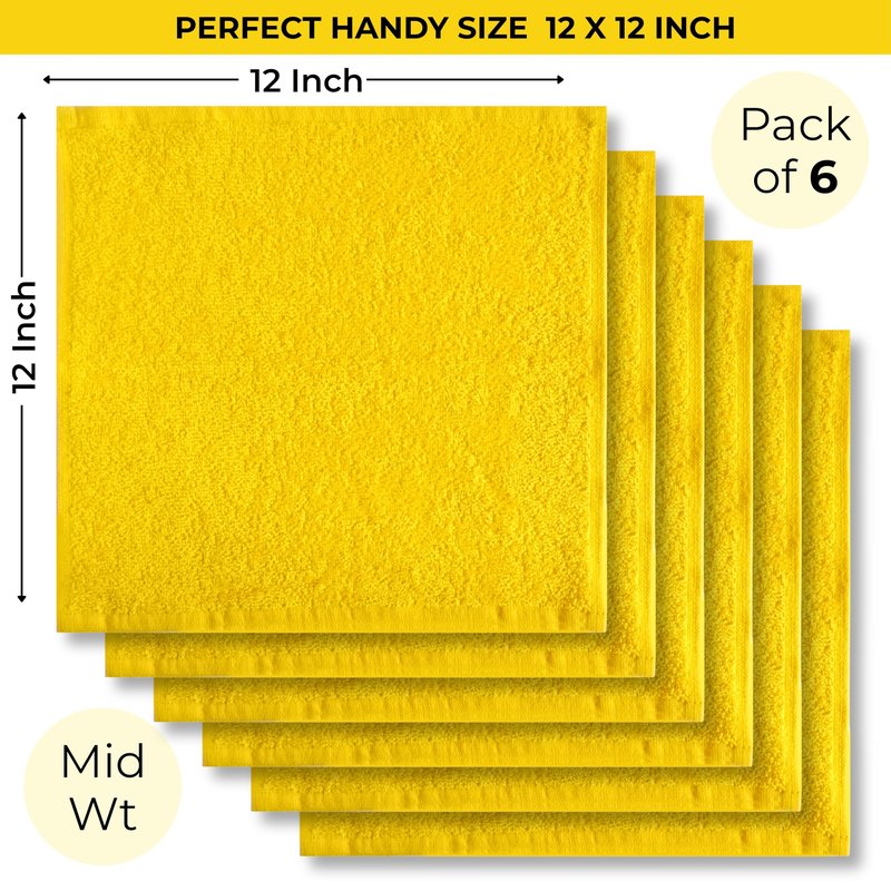LIVINATI Yellow 100% Cotton Wash Cloths for Showering Body and Face - 12"X12" 6 Pack Washcloths - Small Terry Towel Bath Rags for Adults and Kids Bathroom - Soft Absorbent