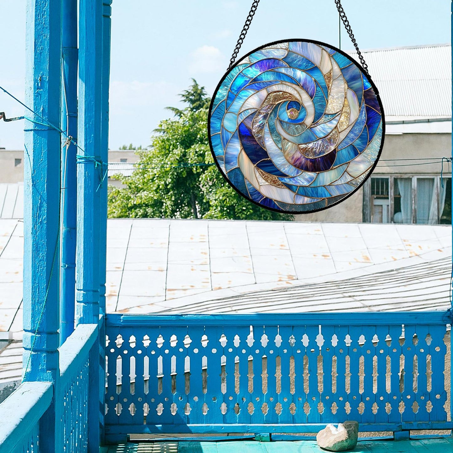 GEFOS Stained Glass Window Hanging Abstract Blue Golden Spiral Large 15" - Suncatcher Door Garden Sunroom Sun Catcher Home Decor Housewarming Birthday for Mom Grandma Men Woman