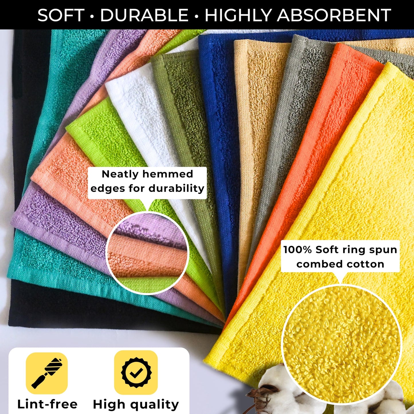 LIVINATI 100% Cotton Wash Cloths for Showering Body and Face - 12"X12" Set of 12 Washcloths Variety Colors Pack - Small Terry Towel Bath Rags for Adults and Kids Bathroom - Soft Absorbent