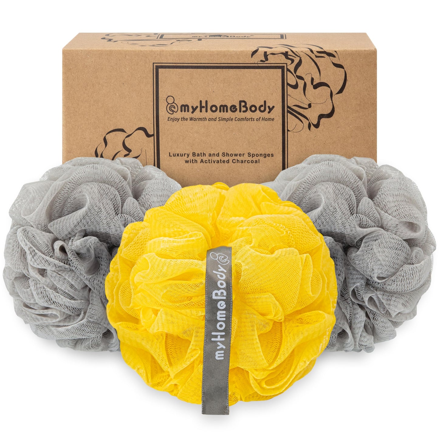 myHomeBody Large 70g Loofah Sponge, Body Scrubber, Bath Sponge, Loofah for Women, Men, Exfoliating Sponge Shower Pouf with Activated Charcoal - 2 Ultimate Gray + 1 Illuminating Yellow, 3 Pack