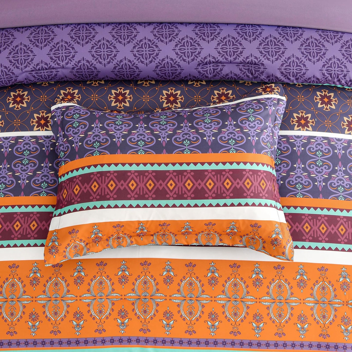 WONGS BEDDING Boho Comforter Set King Size,7 Pieces Bohemian Striped Bedding Comforter Set Bed in a Bag,Purple Paisley Floral Comfortet and Sheet Set,Soft Microfiber Bedding Sets for All Season