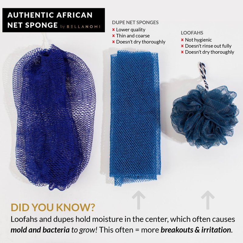 BELLANOMI African Exfoliating Net Sponge 2-Pack Sapo – Authentic & Ethically Sourced, 45" Long Back Scrubber, Quick-Dry 100% Nylon, Gentle Exfoliation Great for Daily Use (Indigo & Blush)