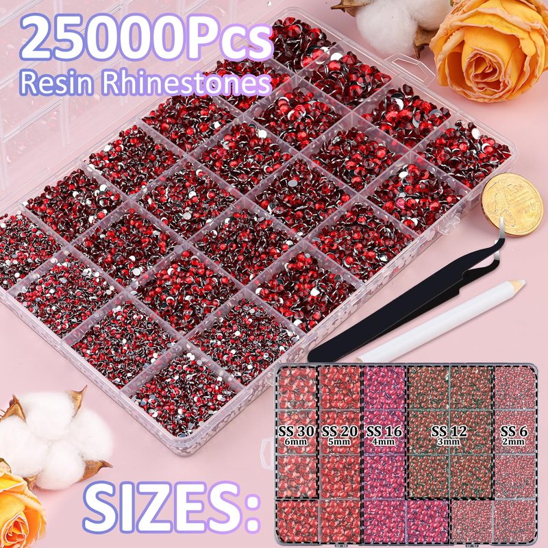 25000Pcs Resin Rhinestones for Crafting, Red 2-6mm Mixed Sizes Non Hotfix Flatback Gems with 1Pcs Glue, Bedazzling Crystal for DIY Craft Clothing Mugs Tumblers Shoes Fabric Decor Nail Art