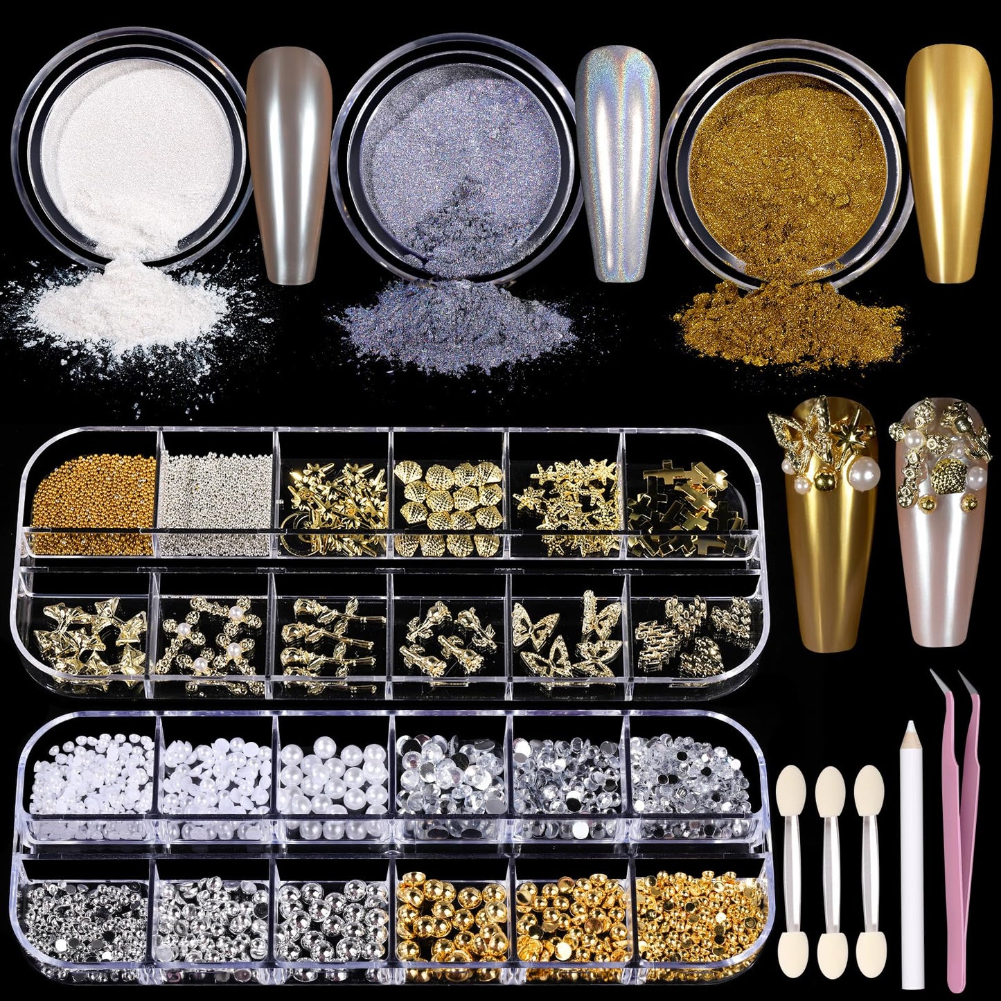 Teenitor Gold Chrome Nail Powder Kit with Nail Charms And Gems, Pearl Nail Chrome Powder for Nails, Silver Crome Powder for Gel Nails, Nail Supplies Nail Decor