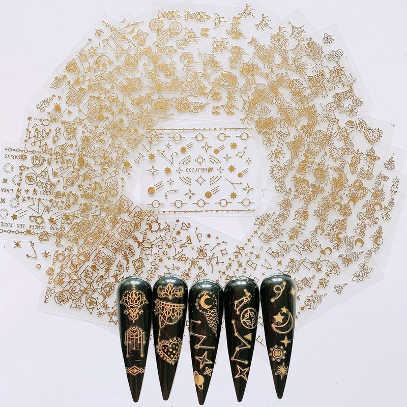 NAIL ANGEL Nail Art Stickers - 24 Sheets of Gold Moon, Star & Flower Designs for Creative Nail Deco