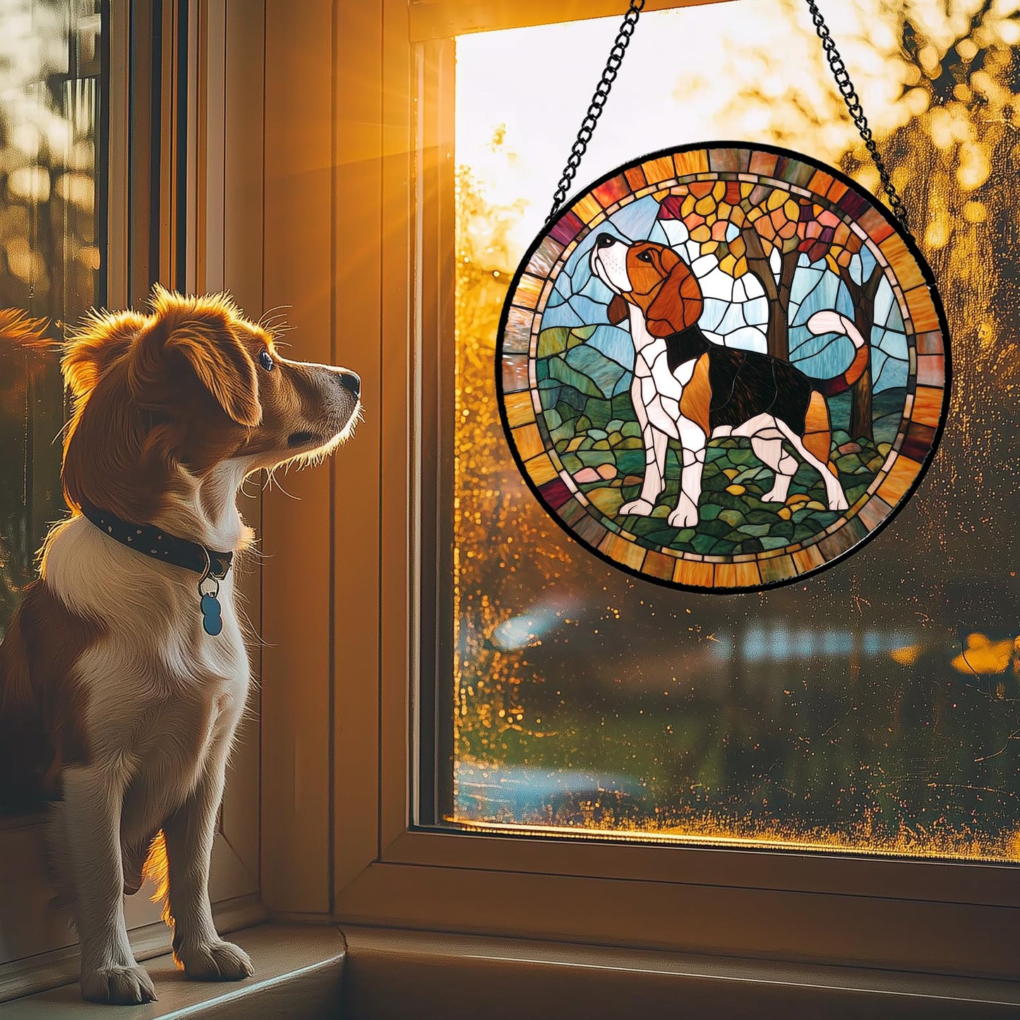 GEFOS Stained Glass Window Hanging Cute Dog Beagle Trees Large 11.8" - Suncatcher Door Garden Sunroom Sun Catcher Home Decor Birthday Christmas for Lost Pets Mom Men Woman Nana