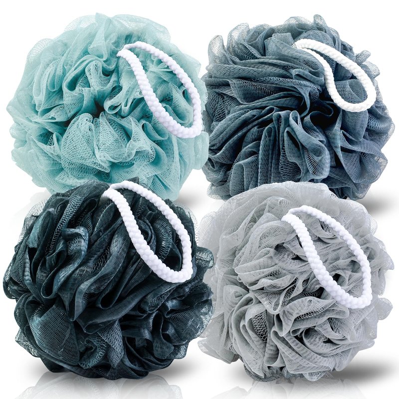 MTDLYICE Loofah Sponge XXL-100g 4 Pack, Bath Sponge Soft Mesh Shower Puff Loofah for Men, Exfoliating Body Scrubber for Women, Shower Accessories (Blue Gray)
