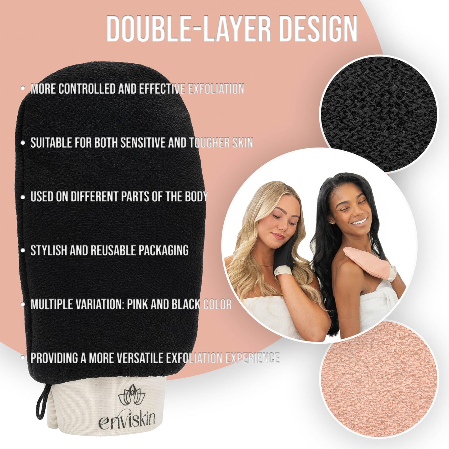 Enviskin Dermaglow Deep Exfoliating Glove - Plant Based Body Exfoliator for Kerotosis Pilaris & Spray Tan Removal -Pink